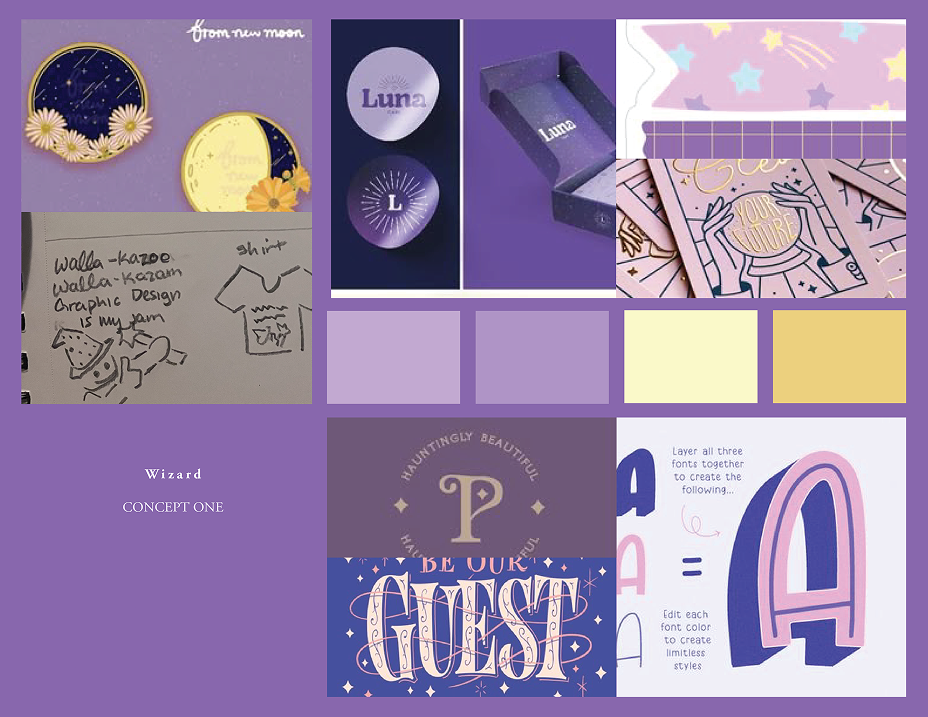 Creative moodboard with purple aesthetics, pins, and crystals
